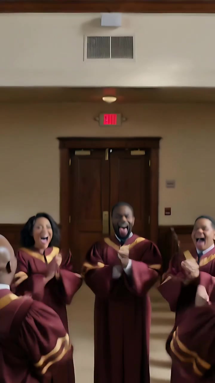 Vertical video: Tilt revealing robed choir singing, clapping at church doors, worshiping