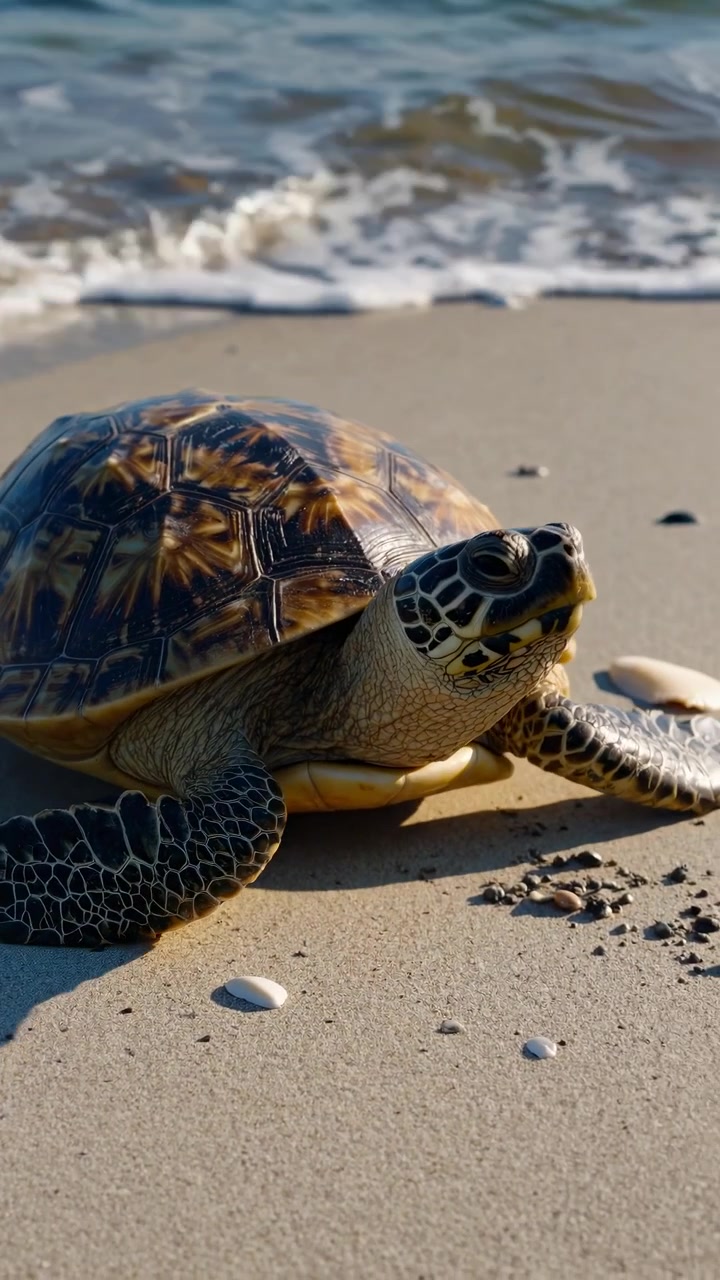 Tortuga marina verde arrastrándose por una playa de arena cerca de las olas del océano