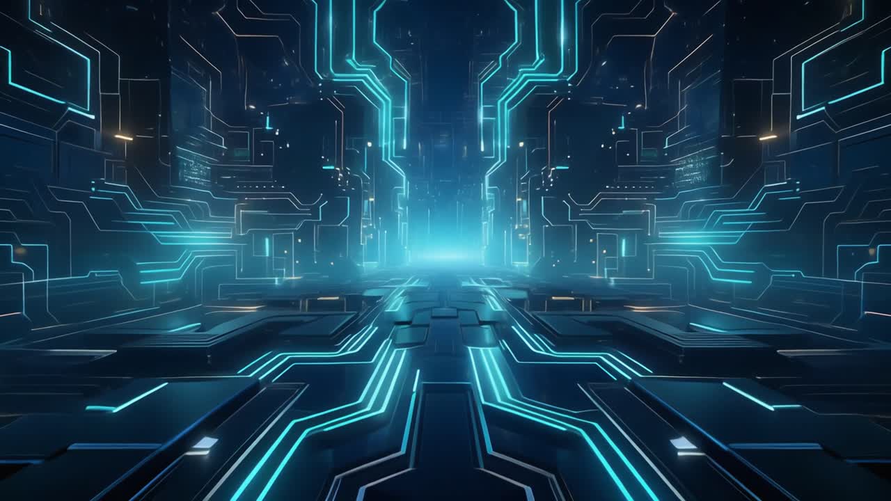 Moving Through a Futuristic Digital Circuit Board Tunnel