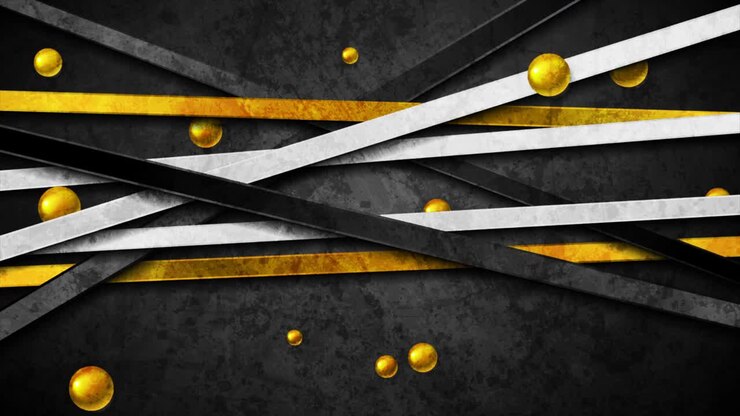 Grunge abstract motion background with black white stripes and golden balls