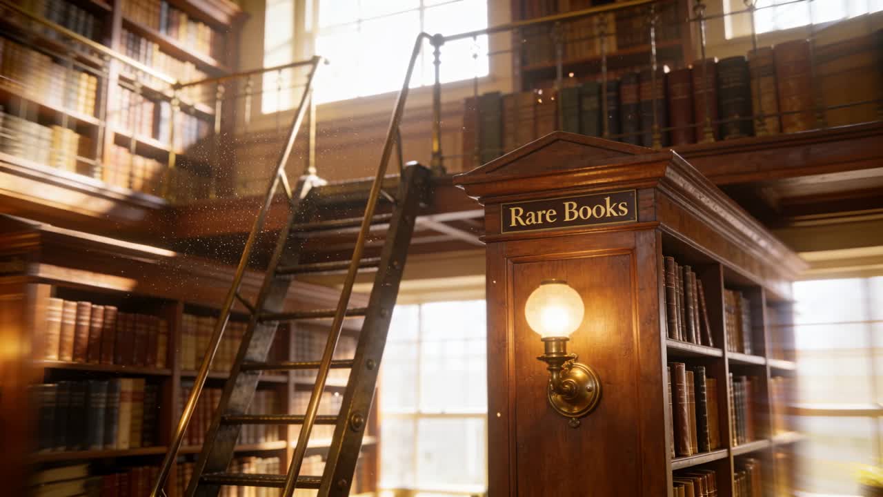 Dollying camera to RareBooks shelf ladder in library blurred patron in coat entering left occluding