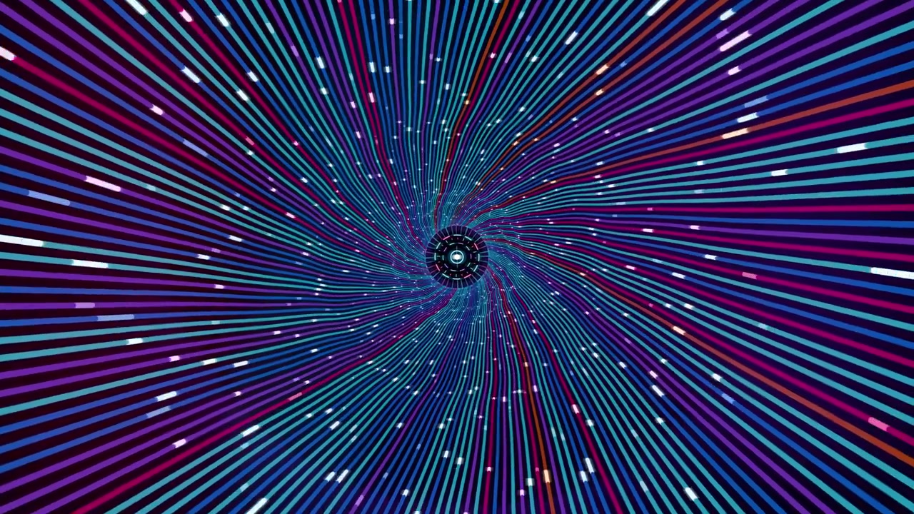 Abstract animated tunnel of colorful lines and dots representing optical fiber communication technology