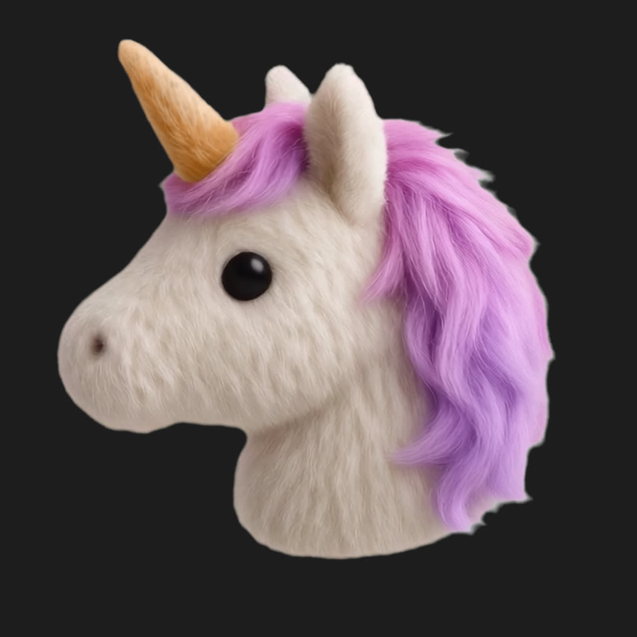 Whimsical plush unicorn head animation isolated asset, transparent 4K video, alpha channel, ProRes