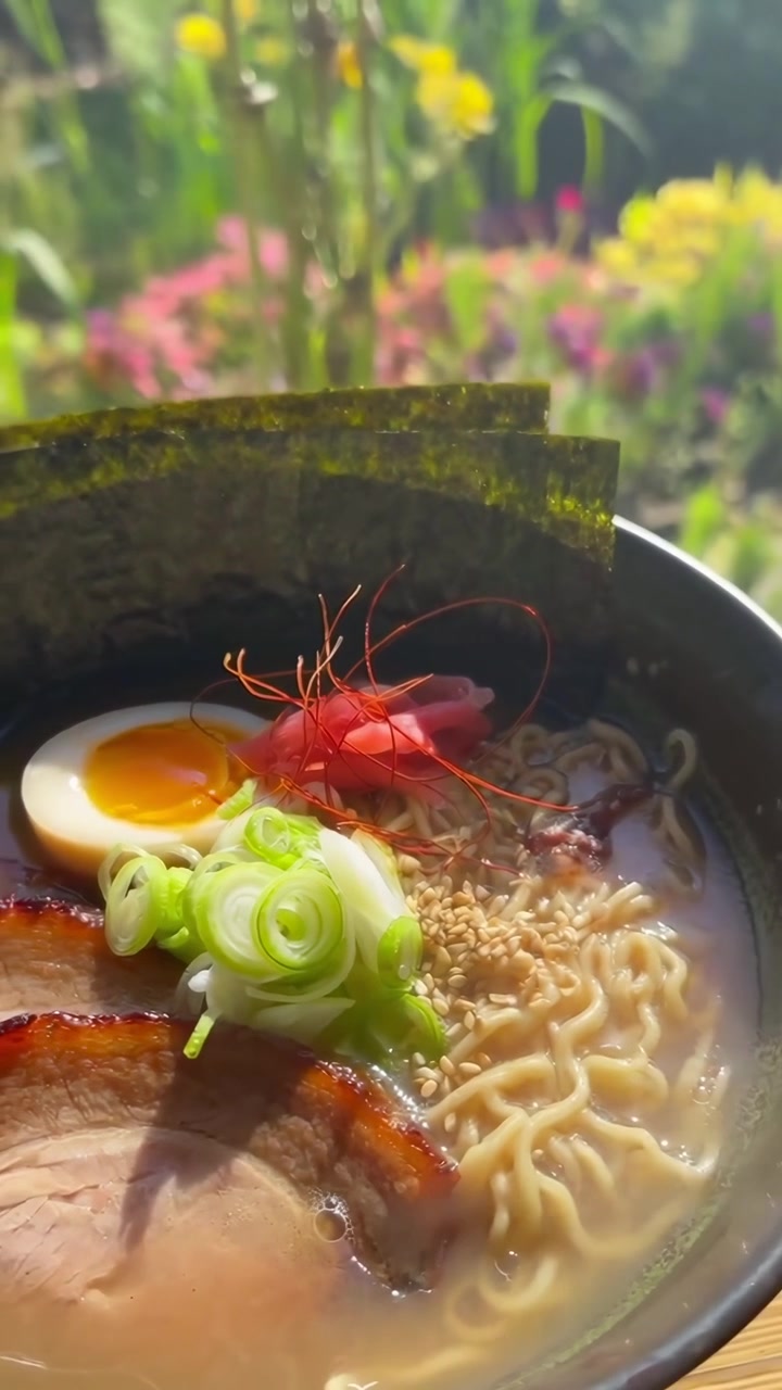 Ciotola fumante di ramen giapponese con maiale e uovo