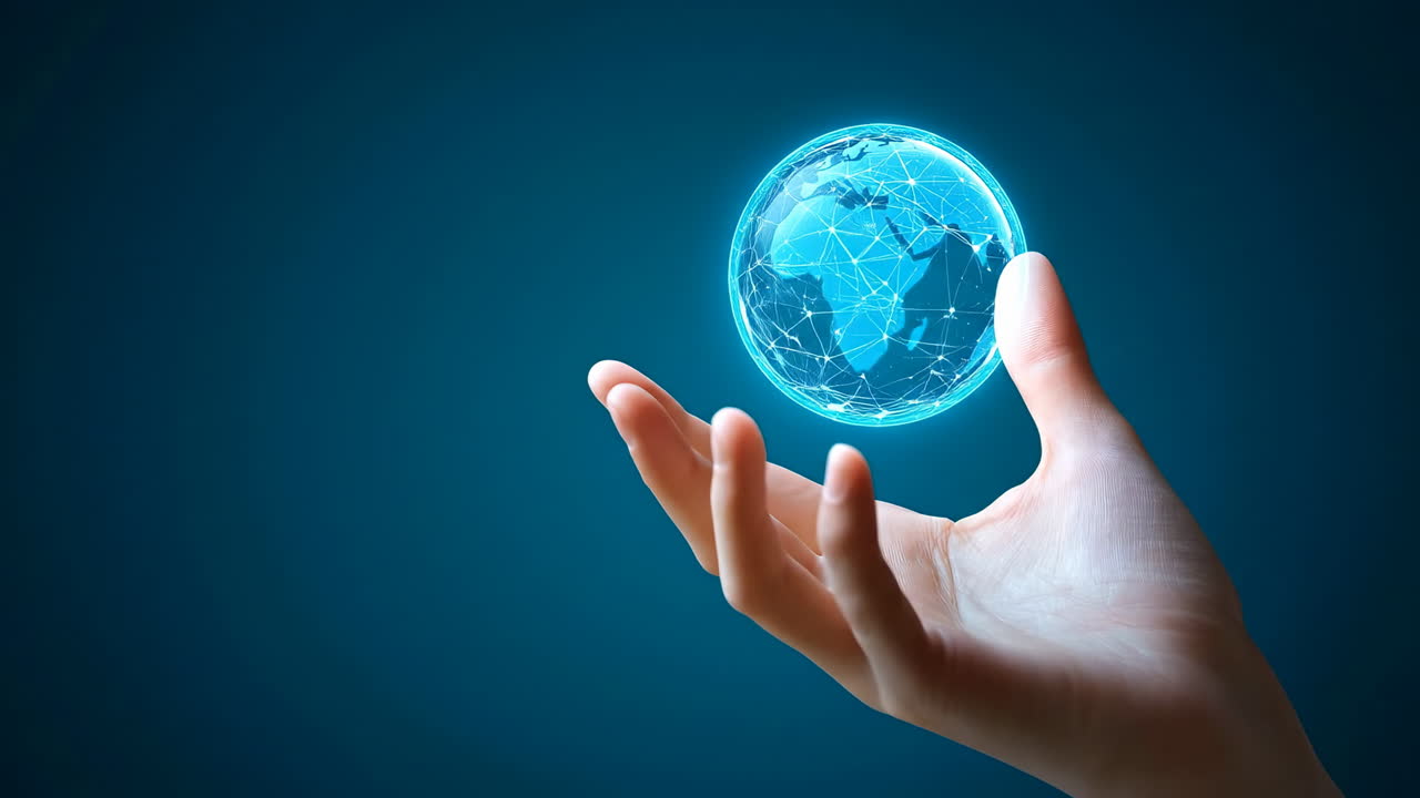 Hand with glowing globe. A hand gently holds a glowing globe that shows connections around the world, symbolizing global unity and technology