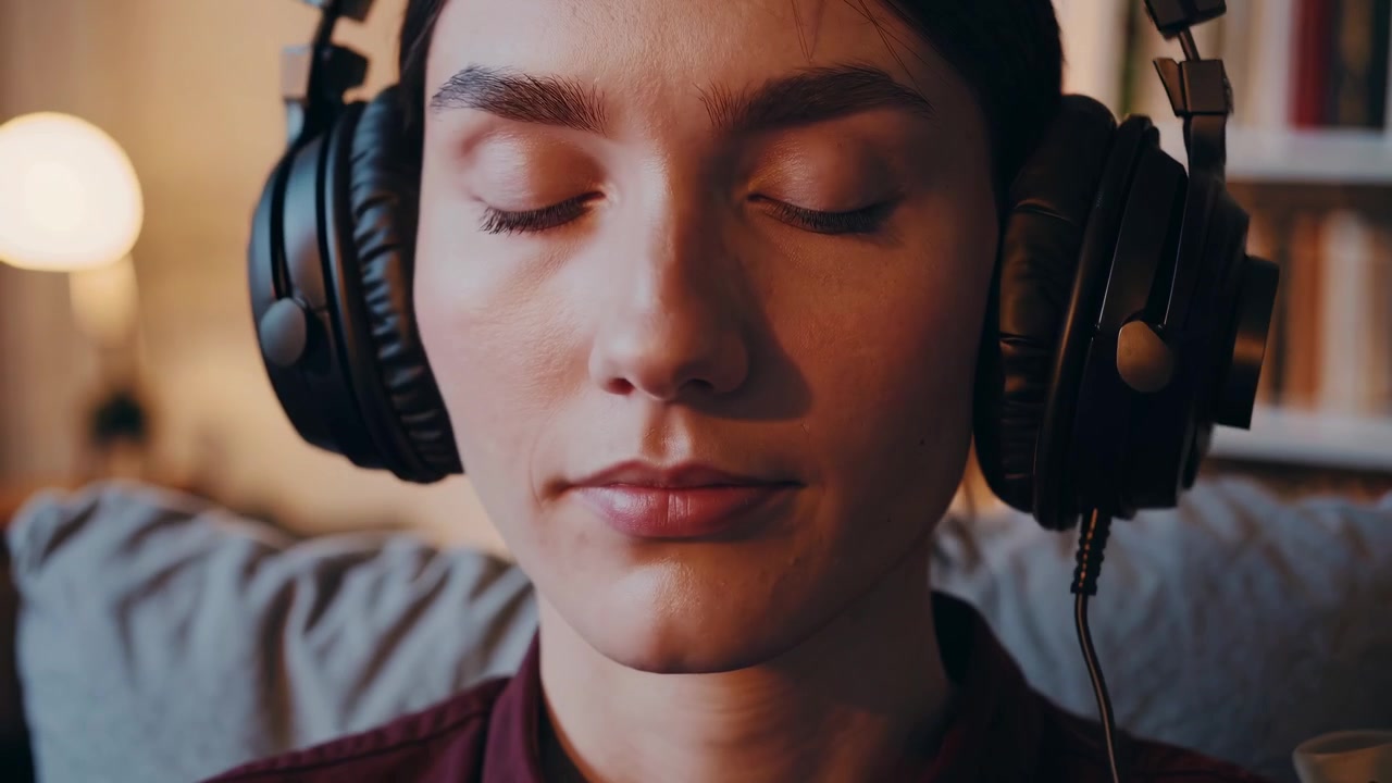 Giovane donna che si rilassa e ascolta musica con le cuffie