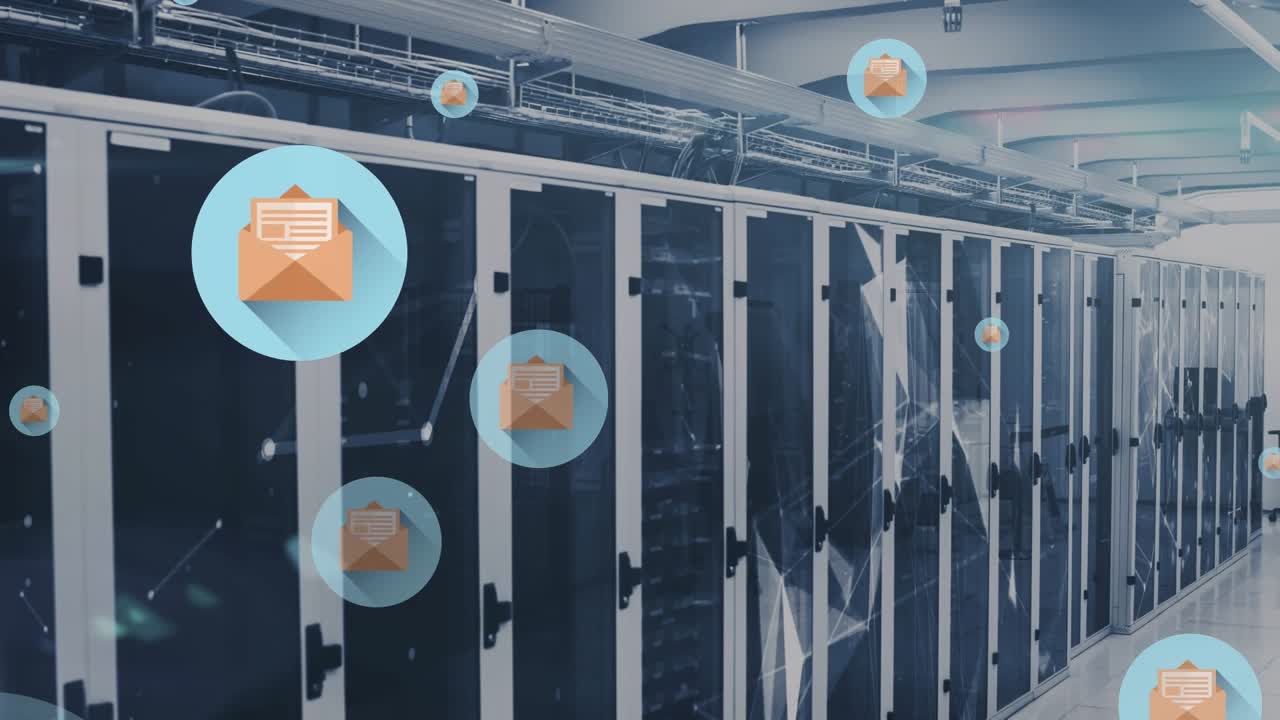 Animation of file icons over server room