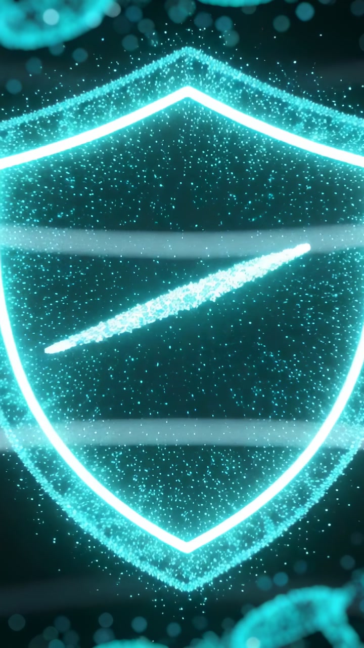 Vertical video: Teal shield pulsing in UI, particles forming spark streaking into wave for security