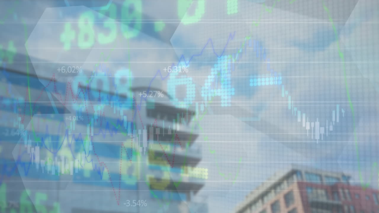 높은 건물에 대한 금융 및 증권 시장 데이터 처리의 애니메이션