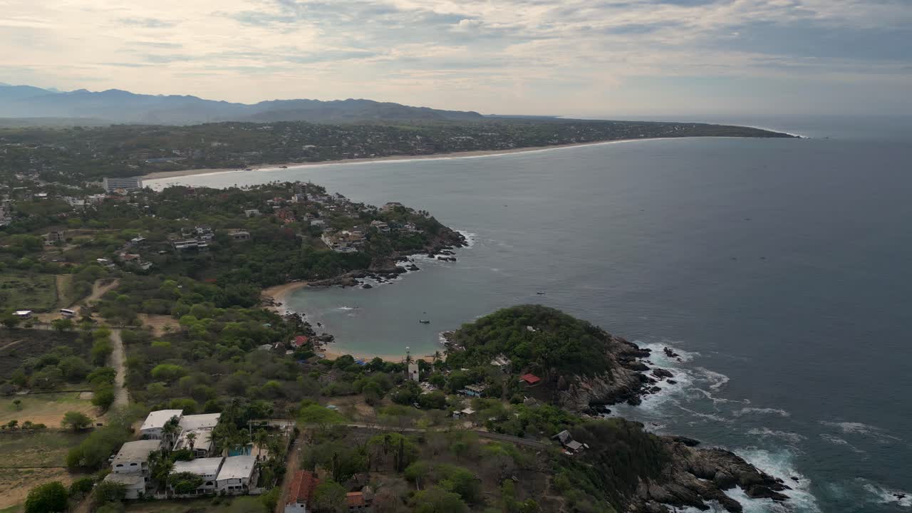 Aerial view's Puerto Angelito, Manzanillo and Zicatela Beaches at Puerto Escondido, Oaxaca, Mexico