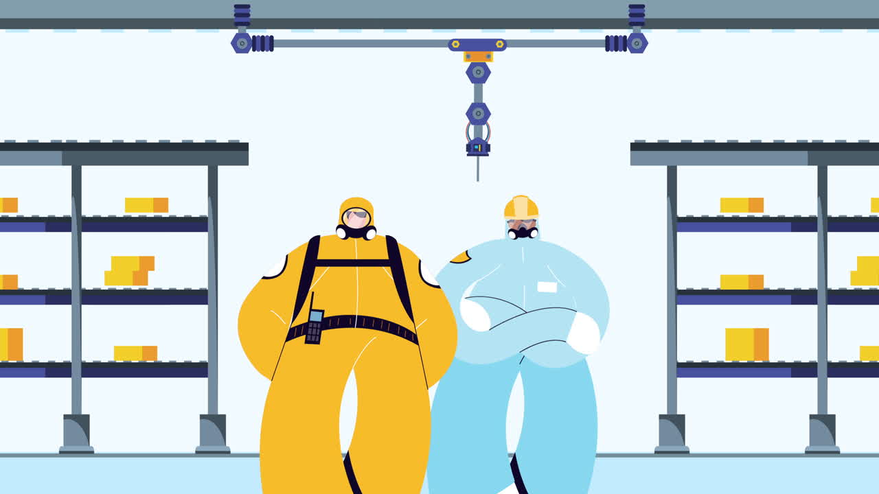 공장에서 covid-19 보호를 위해 생물 안전복을 입은 산업 노동자