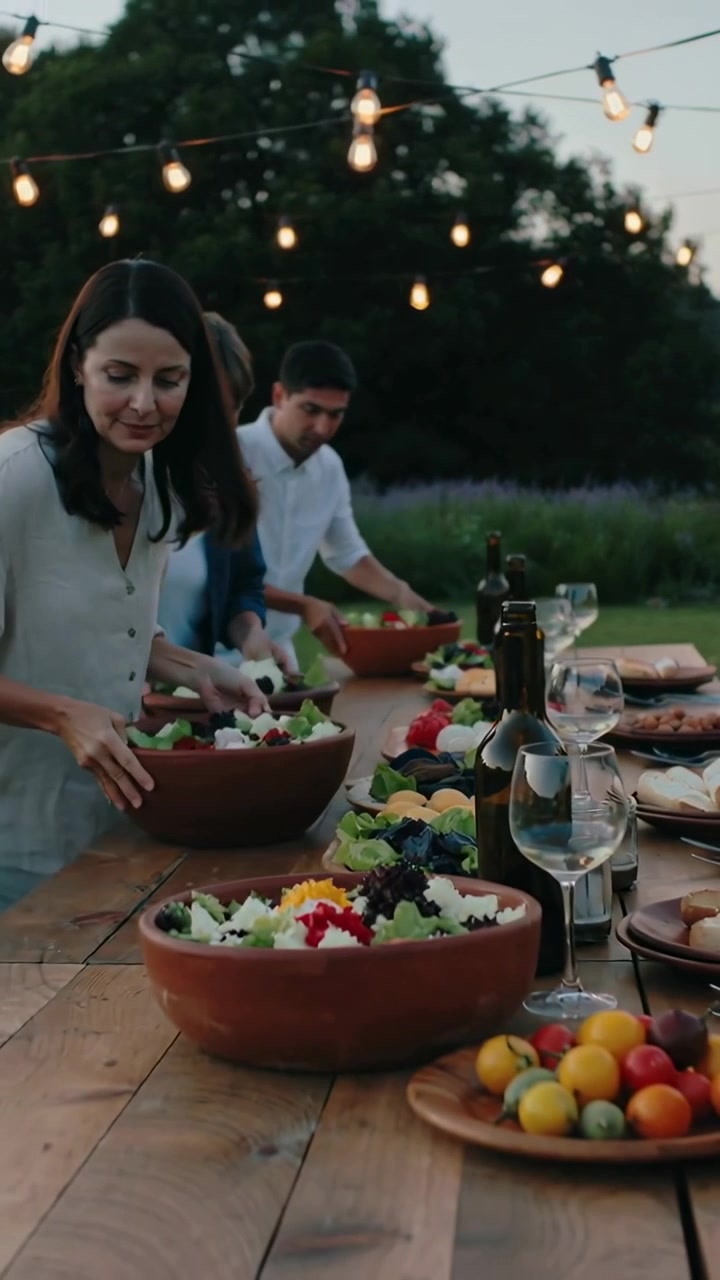 Video verticale: Trio che arriva con ciotole di legno, mescolando insalate su un tavolo da giardino, preparando un pasto in abiti casual