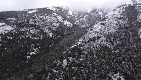 Breathtaking-snowy-mountain-landscape,-aerial-flying-fast-above-forest,-day