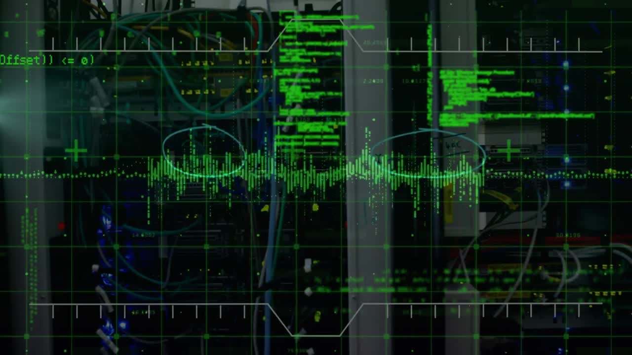 Animation of data processing and shapes over server room