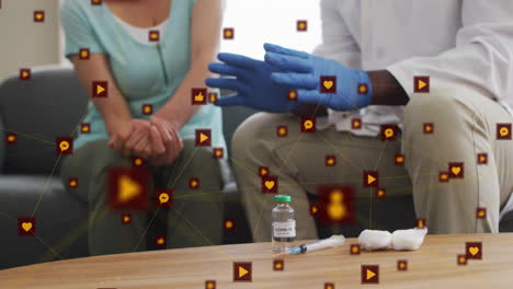 animación de la red de conexiones con iconos a través de diversos médicos hablando con el paciente