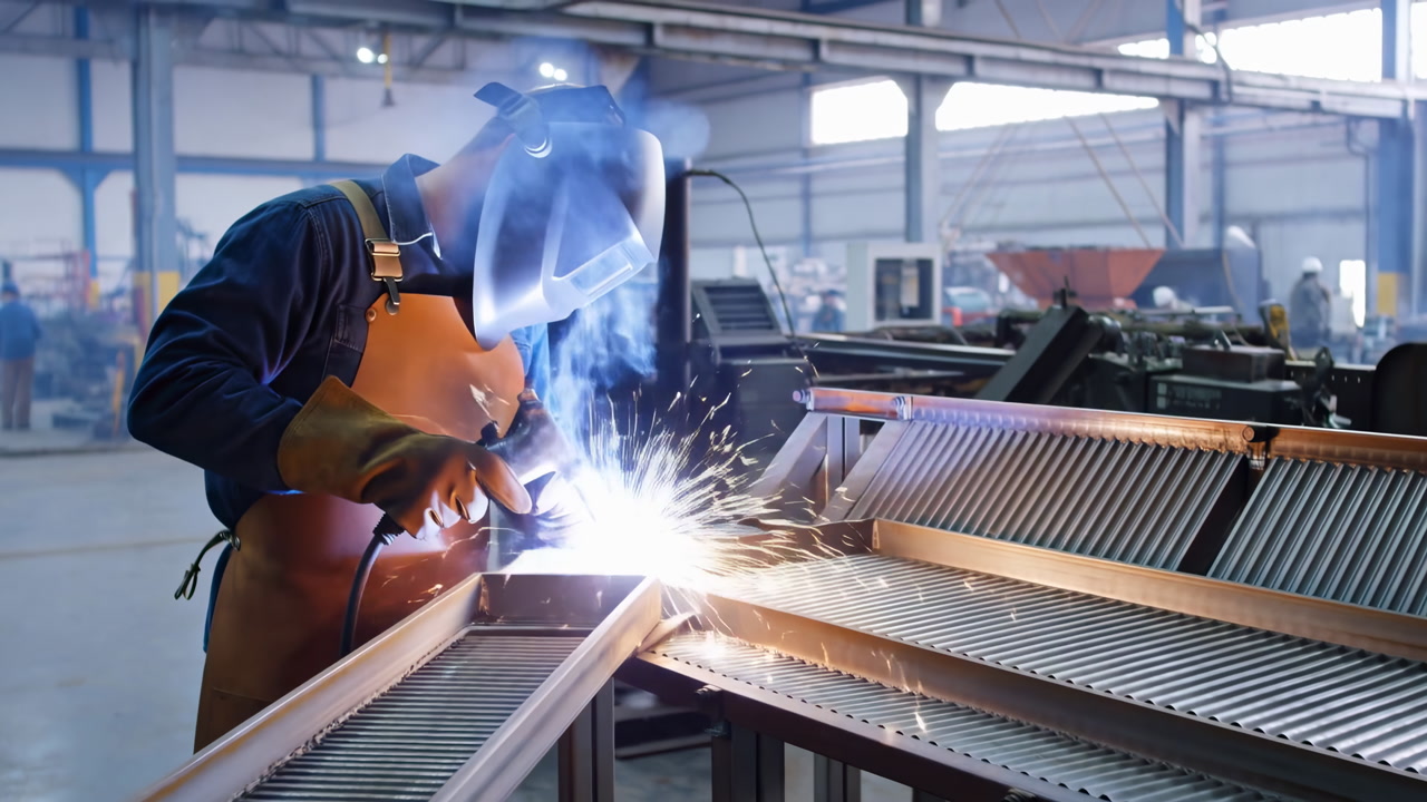 Welder Welding Steel Frame In Factory, Wearing Helmet And Apron, Producing Bright Sparks And Smoke