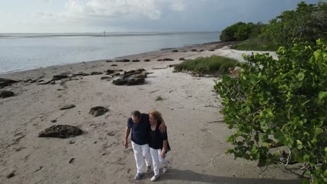 Luftaufnahme-Eines-älteren-Paares,-Das-Am-Strand-Die-Arme-Umeinander-Legt