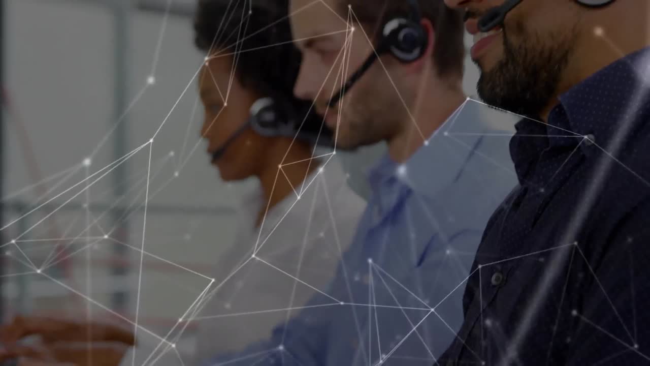 Animation of network of connections over businessman wearing phone headset