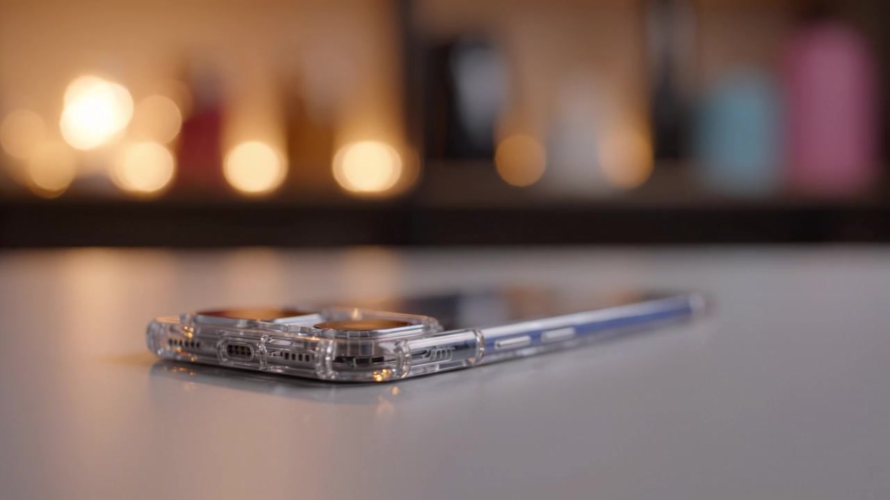 Close-up View of a Clear Phone Case on a Surface with Blurred Background Highlights Capturing Modern Technology and Design Aesthetics in a Stylish Setting