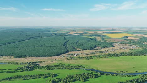 aerial view of rural landscape with fields, forests, and river