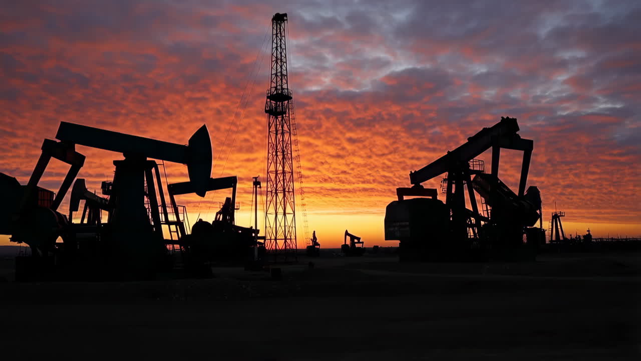 Oil Pumpjacks and Rig Silhouetted Against a Dramatic Sunset Sky