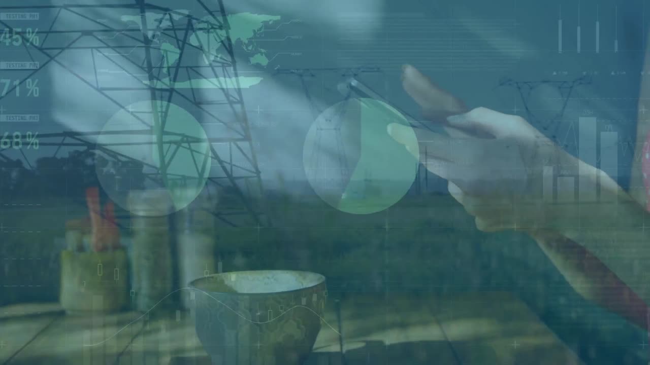 스마트 폰을 사용하는 백인 여성의 손에 대한 금융 그래프의 애니메이션