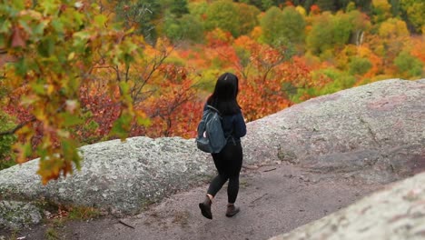 Mädchen,-Das-Auf-Dem-Berg-Spazieren-Geht-Und-Das-Herbsttal-In-Zeitlupe-Betrachtet