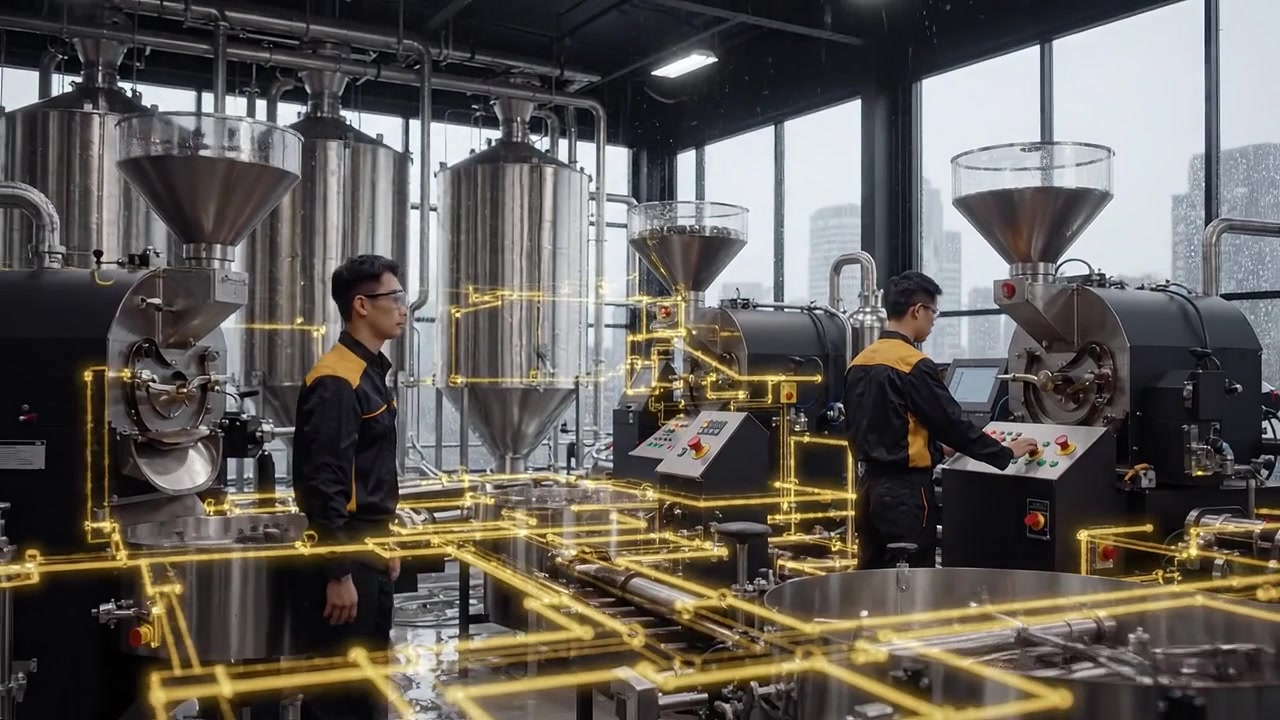 Engineers Operating Modern Coffee Roasting Machinery with Data Flow