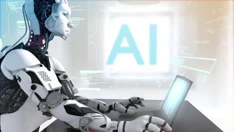 high quality 3d cgi profile shot of an artificial intelligence humaniod robot at a laptop computer in a virtual ai environment with data and equations floating around him -orange and teal color scheme