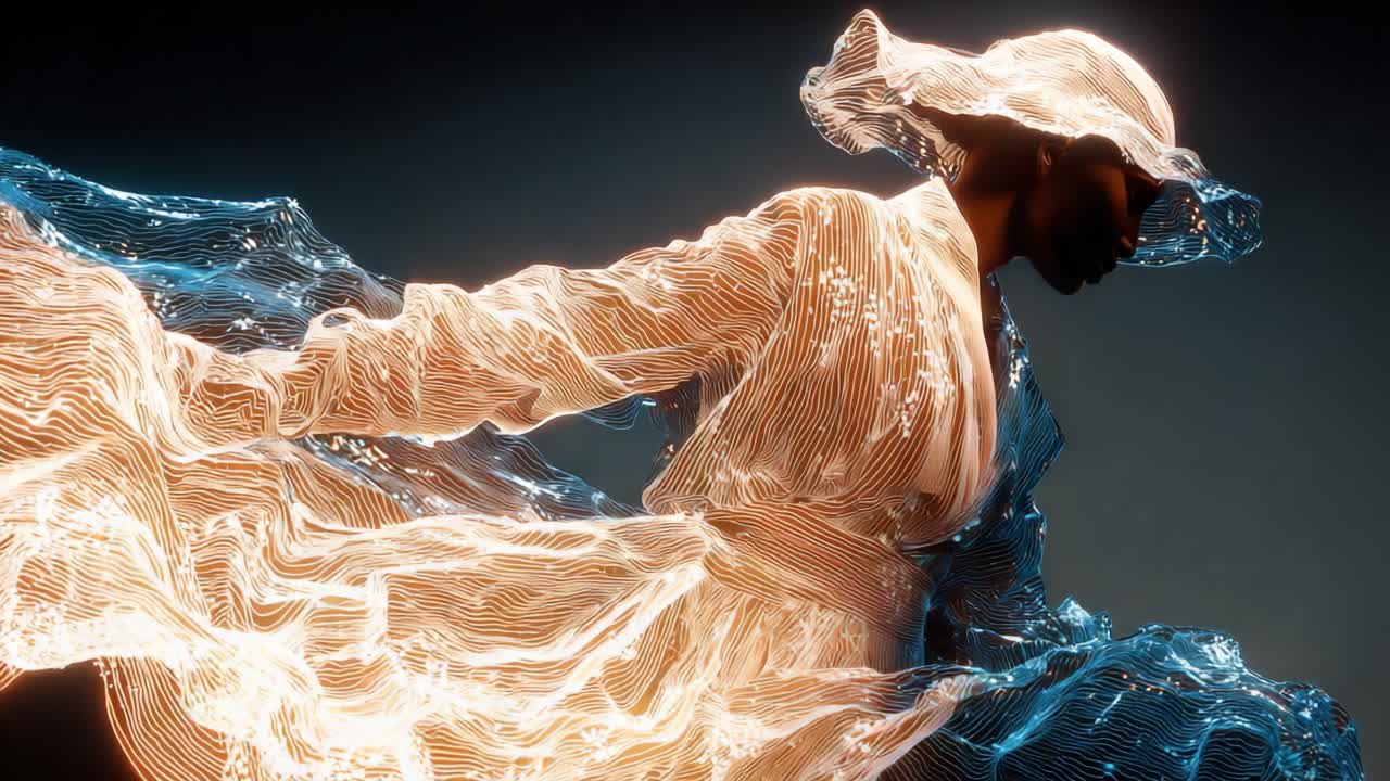 A Captivating Silhouette of a Figure Adorned in Flowing Light and Ethereal Textures, Captured in Two Stunning Frames that Showcase Grace and Artistic Elegance Against a Dark Backdrop