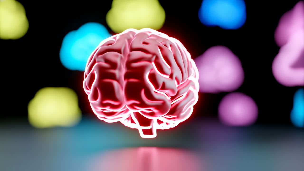 Digital brain glowing in vibrant colors. A 3D representation of a brain emits bright colors, set against a blurred colorful background that enhances its glow