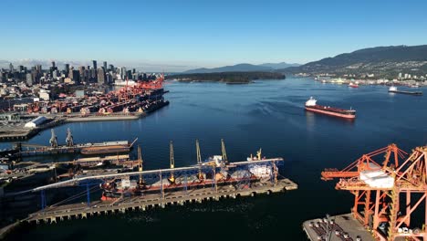 vancouver, british columbia, canada - centerm - centennial terminals - major container port on burrard inlet - drone flying forward