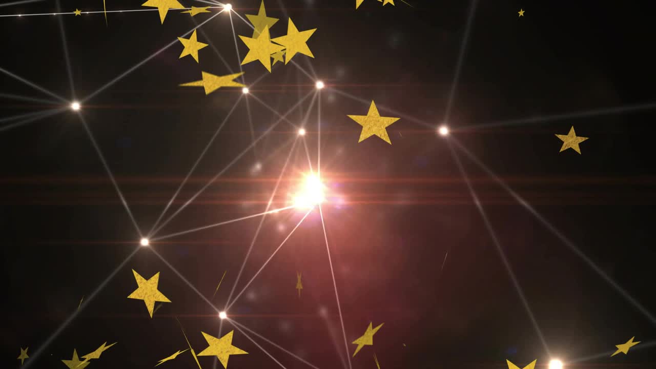 Red glow initiating network pulsing as lines linking nodes and drifting gold stars visualizing flow