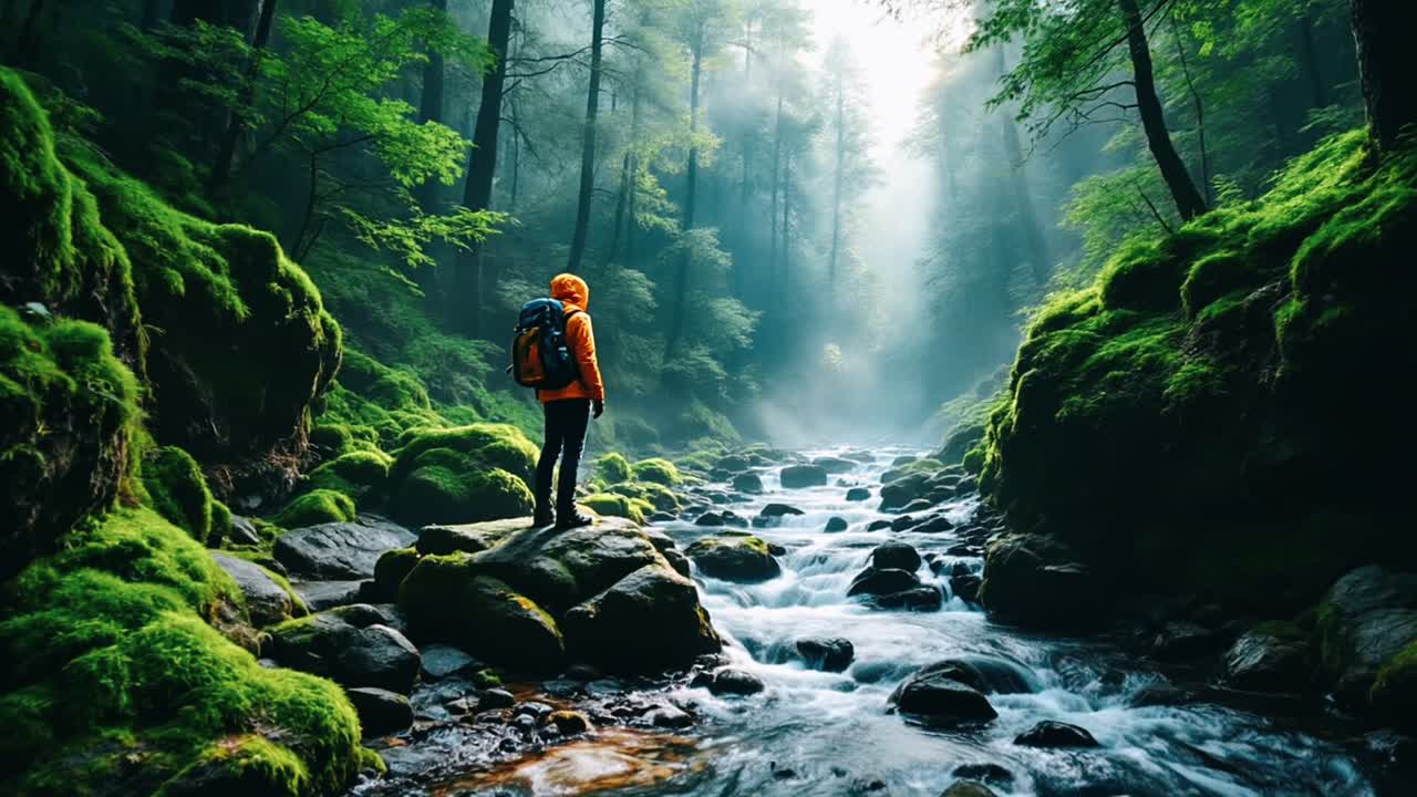 Hiker in a Misty Forest Stream