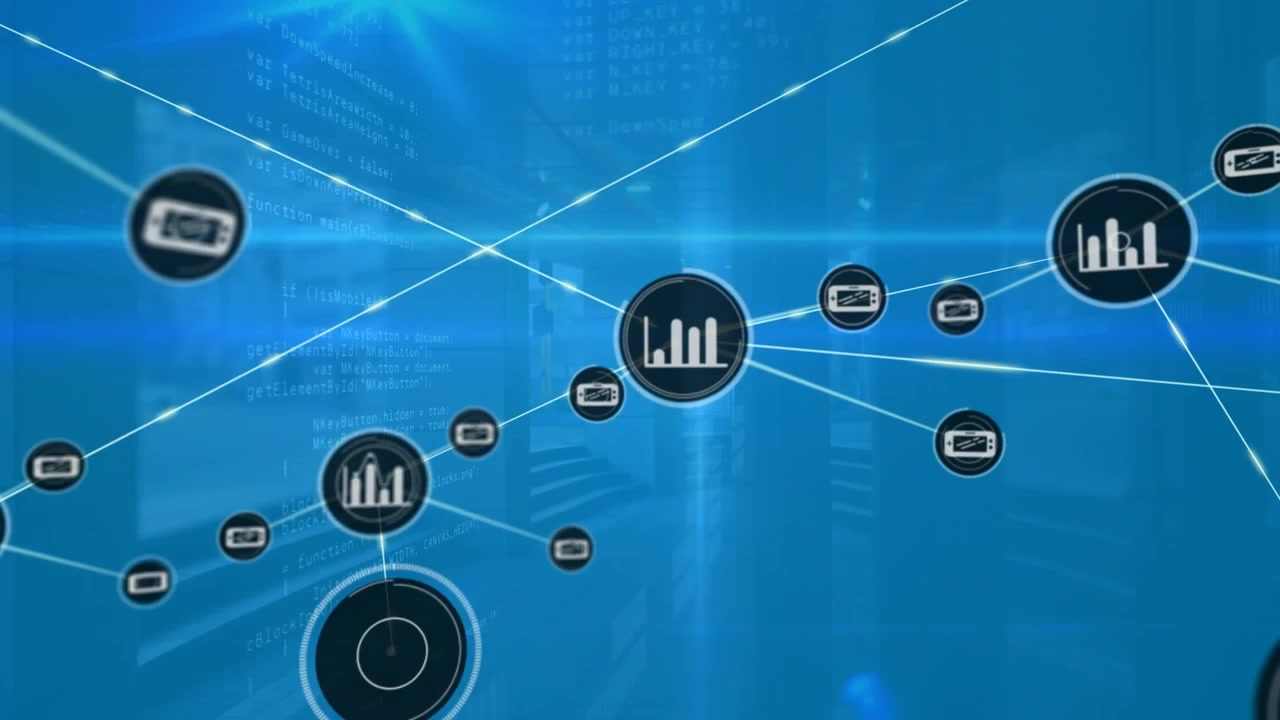 Animation of network of connections with icons and data processing