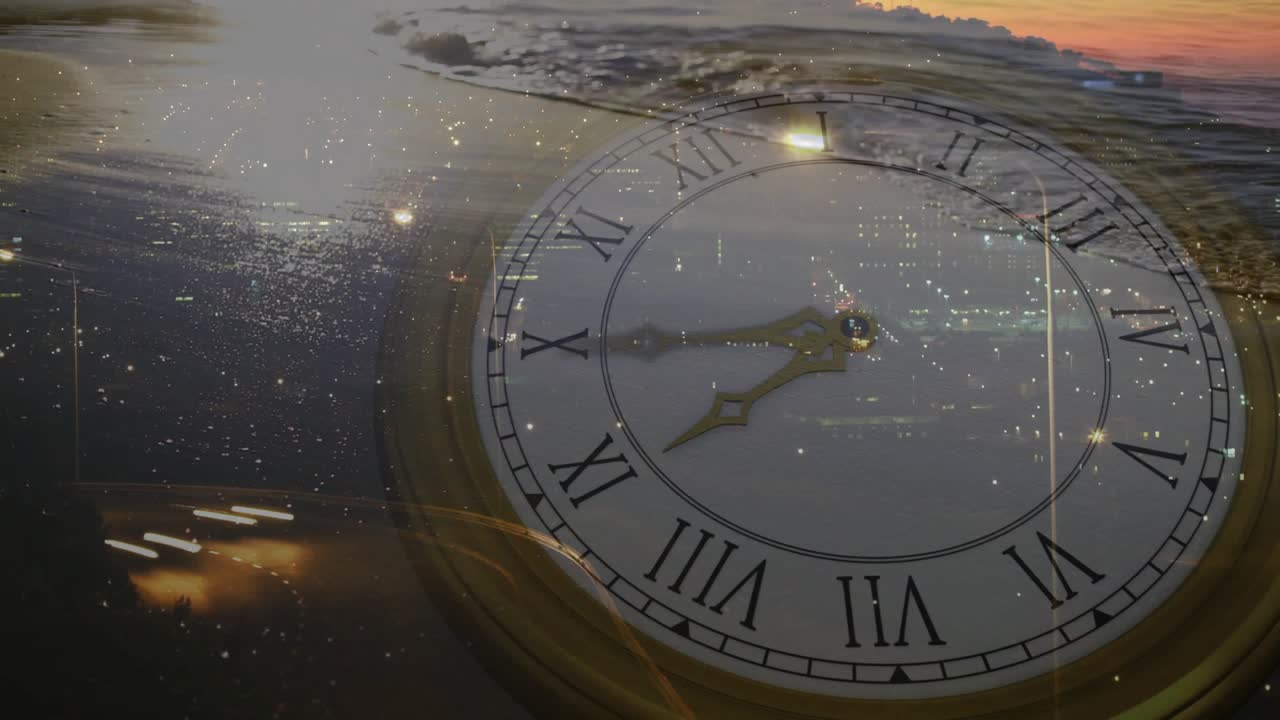 Analog clock hands moving while sunset triggers headlights streaks and bokeh rising, showing time