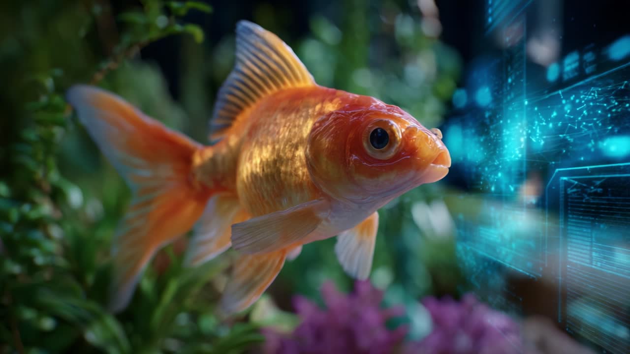 A jornada cativante de um peixinho dourado explorando um mundo subaquático aprimorado por tecnologia digital e visuais futuristas em um ambiente de aquário colorido