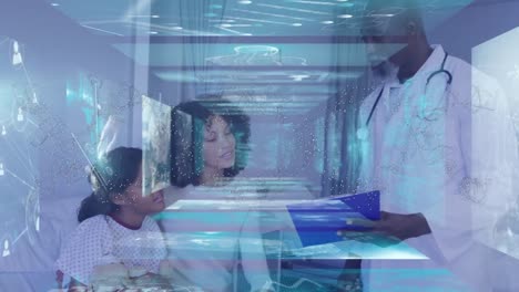 Animation-of-data-processing-and-dna-strand-over-african-american-doctor-and-patient