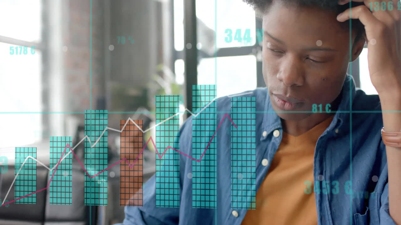 Animation of data processing over african american businessman in office