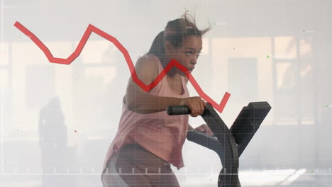 exercising on stationary bike, woman with stock market graph animation over