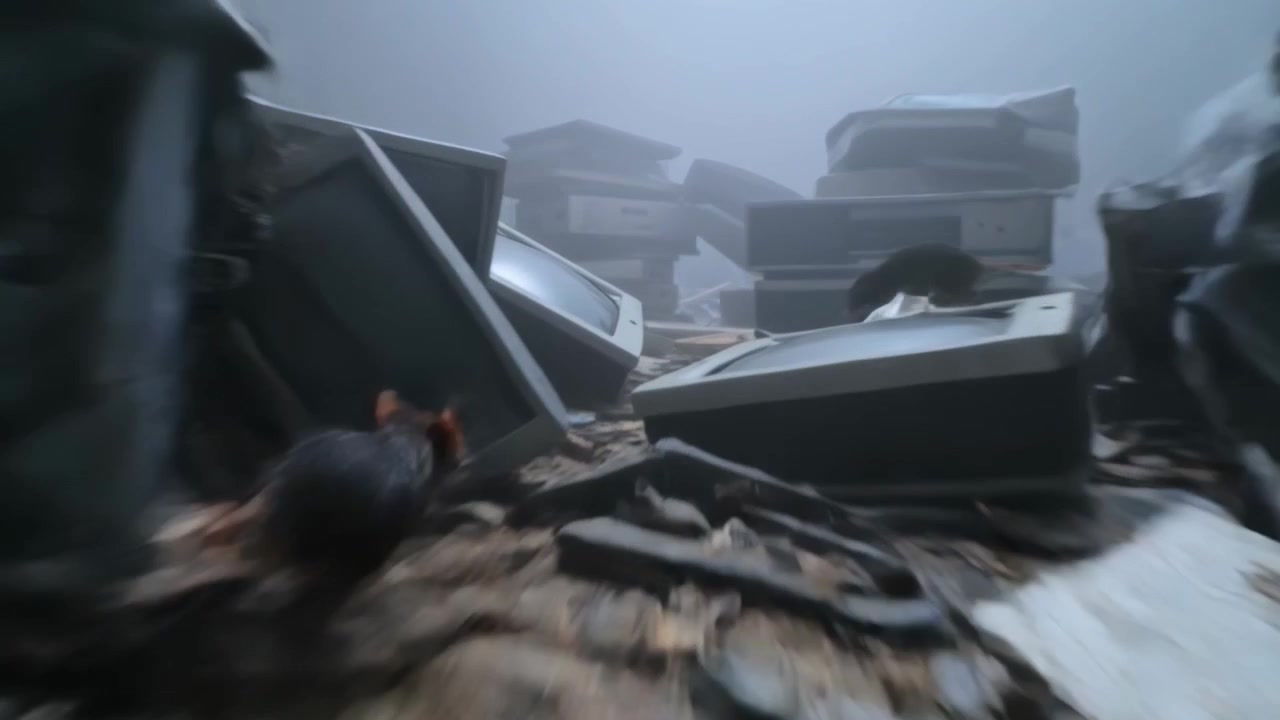 Sensing food scent, sprinting dark rat leading group through foggy warehouse dump amid CRT monitors