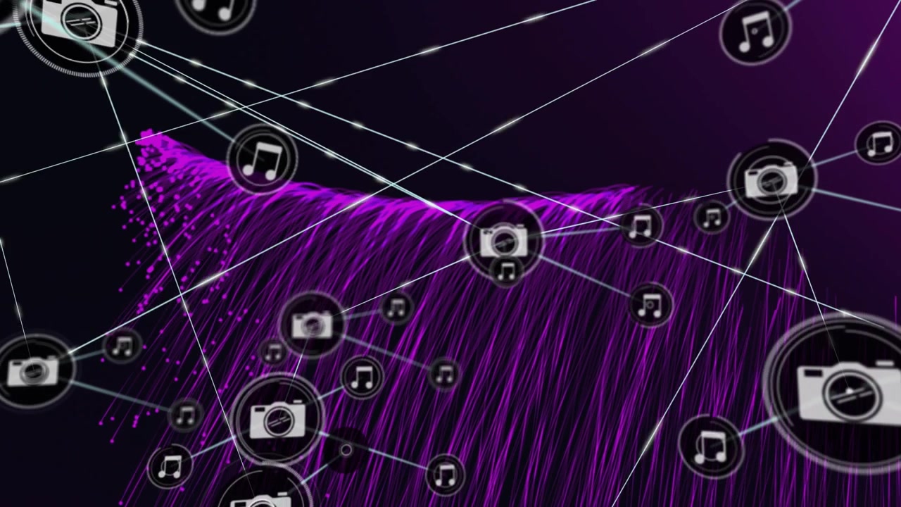 Animation of network of connections over purple energy on black background