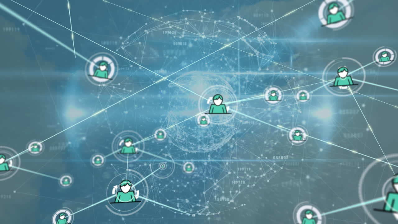 Animation of network of connections with people icons over sky and clouds