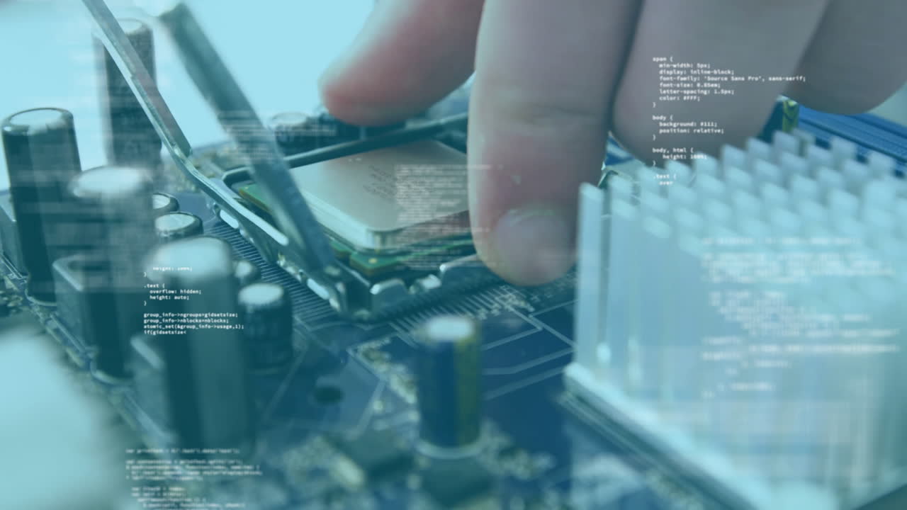 Hand installing processor on motherboard with digital data overlay animation