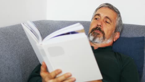 Man-reading-novel-while-relaxing-on-sofa-in-living-room-4k