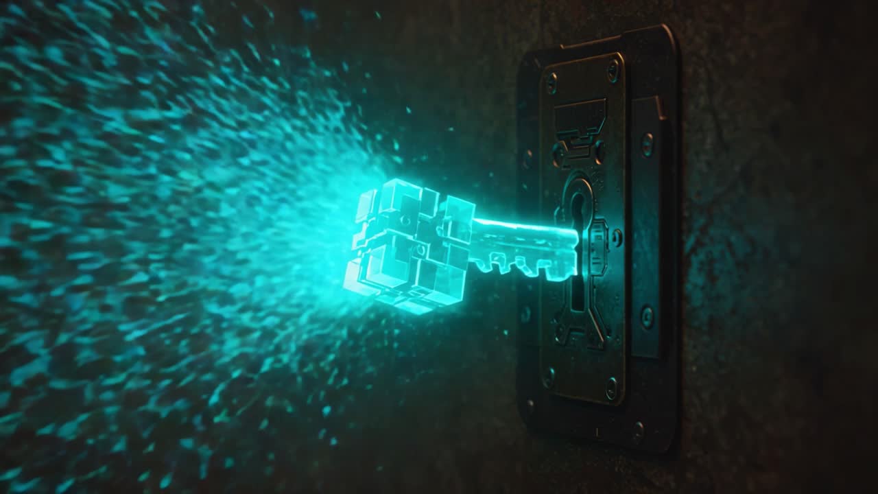 A Magical Key Unlocking a Mysterious Door with Ethereal Light and Energy, Transforming the Ordinary into the Extraordinary in a Dark Environment