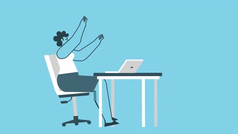 mujer de dibujos animados estirando los brazos y bostezando mientras está sentada en la computadora portátil. diseño plano animación de bucle de personajes 2d con canal alfa