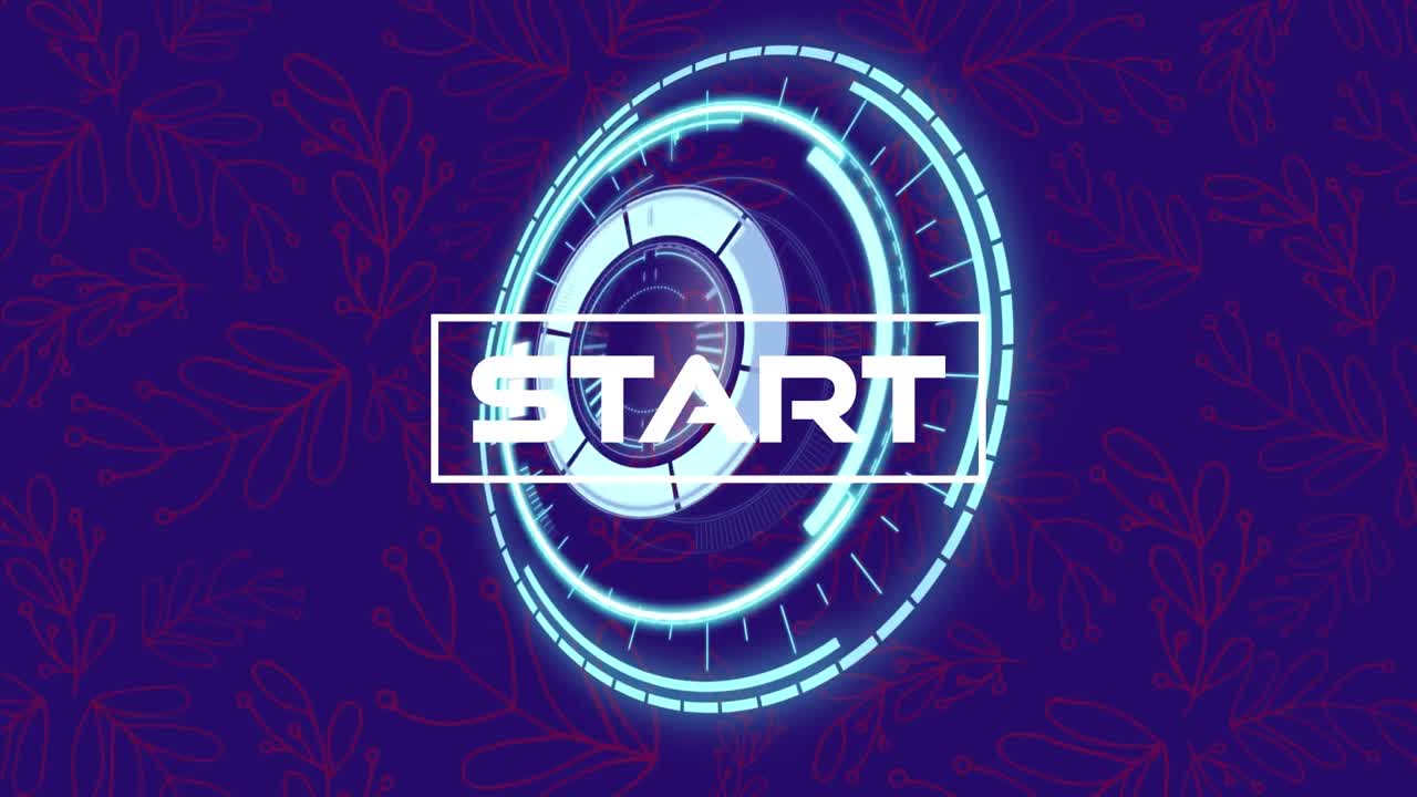 Animation of start text over scope scanning and plant icons on blue background
