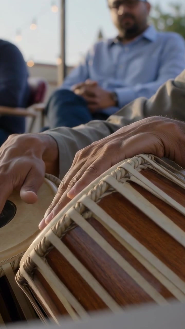 Video verticale: Telecamera che inquadra una tabla, mani che suonano nel patio per un raduno, uomo in camicia con colletto