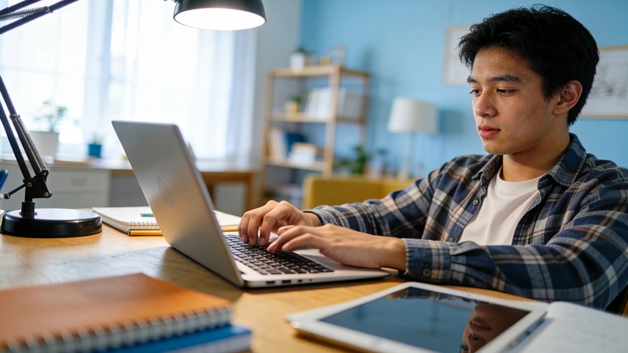 チェック柄のシャツを着た男性が自宅の机にもたれかかり、ノートパソコンとタブレットノートを使って課題をしている